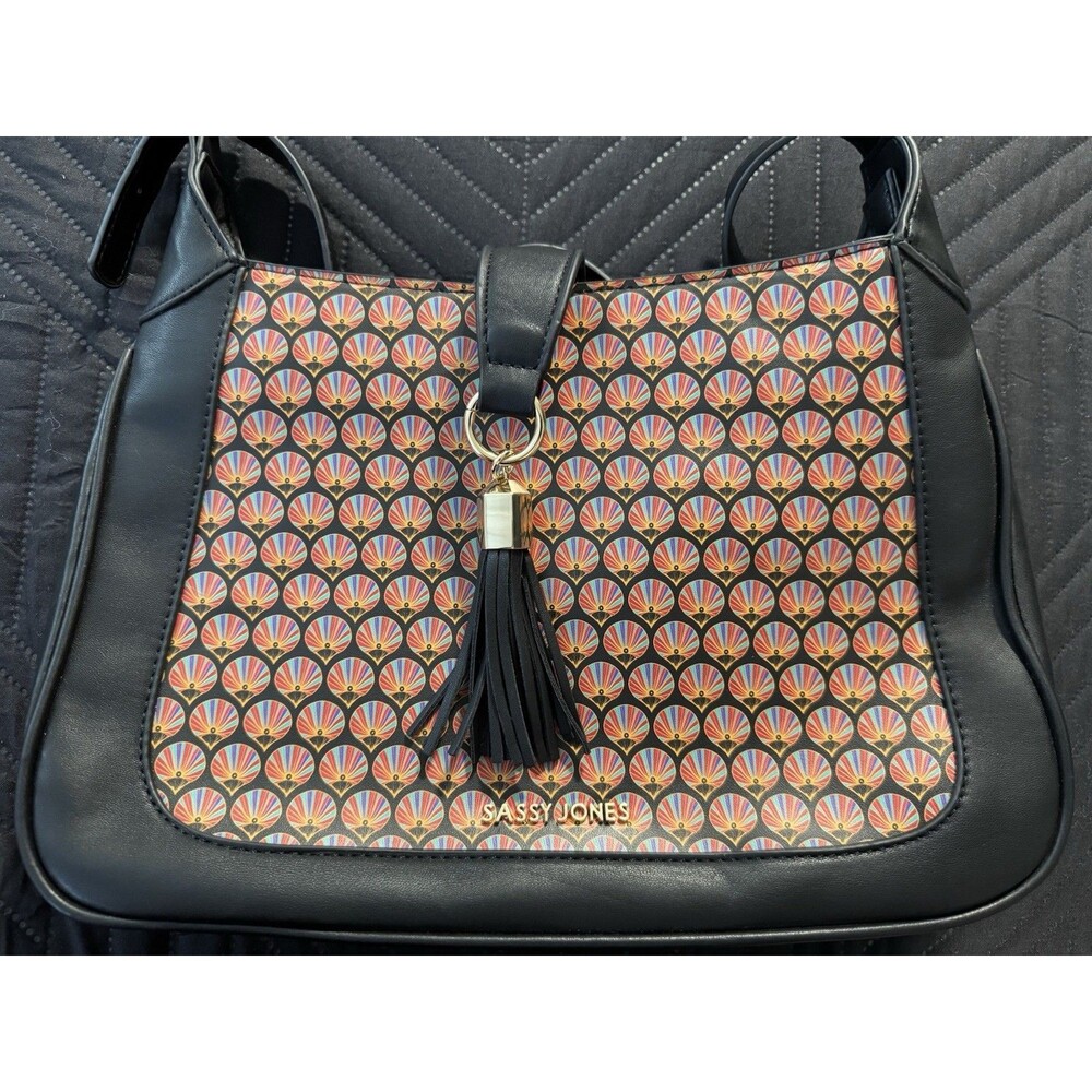 Sassy Jones Black Multicolor Geometric Shoulder Bag Zip Tassel Bag Charm Pockets